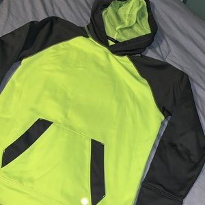 Hooded sweatshirt. Bright lime green and gray.